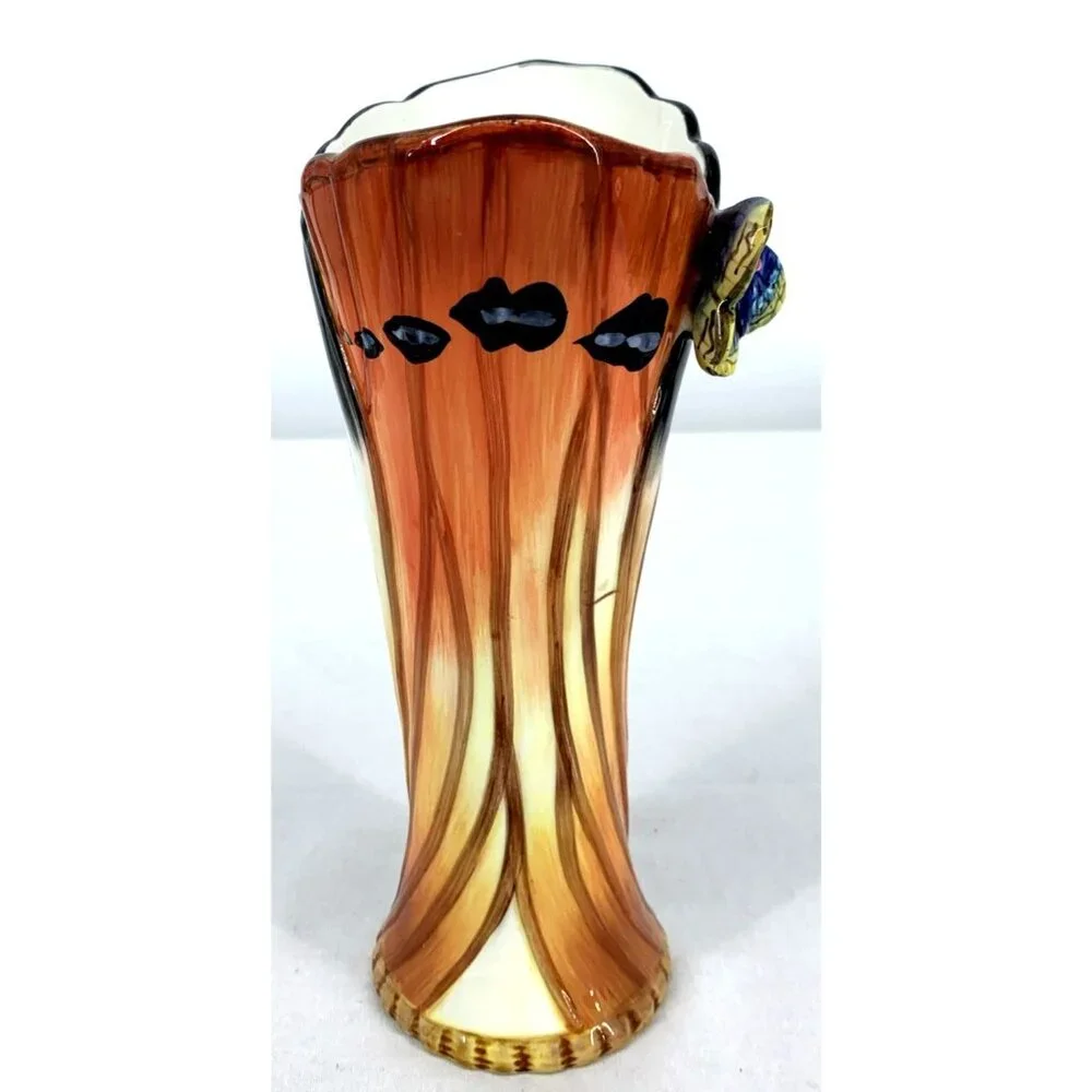 Butterfly Wings Vase Porcelain Majolica Orange Brown Blue Applied Butterfly 9